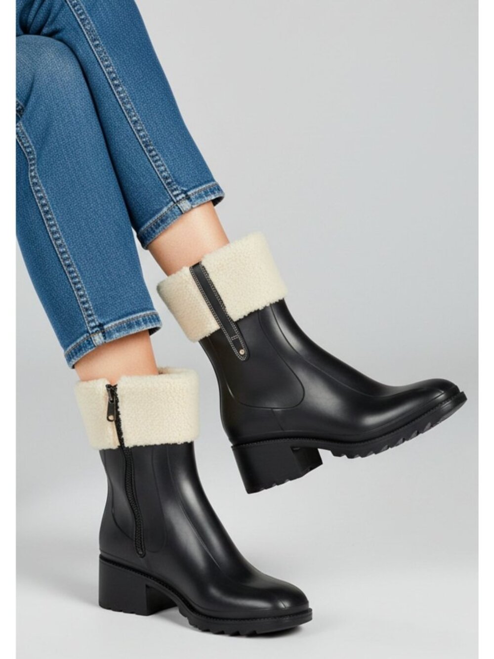 Black Faux Leather Ankle Boots With Shearling Trim & Side Zippers For Women